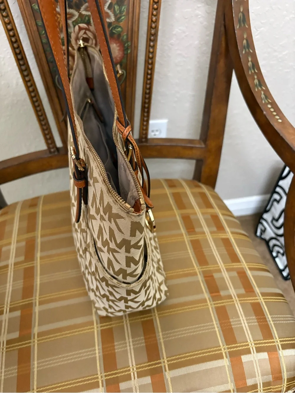 Michael Kors Cream Signature MK Tote with Tan Leather Straps